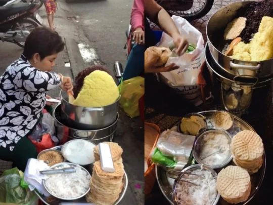 A small serving of traditional Vietnamese sweet sticky rice, a popular and naturally vegetarian snack