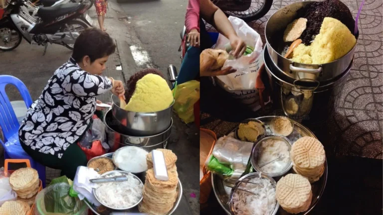 A small serving of traditional Vietnamese sweet sticky rice, a popular and naturally vegetarian snack