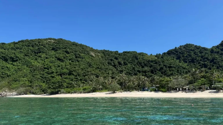 Beach view of Cau Island Con Dao with clear water and green hills