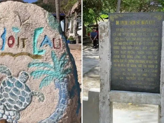 Historical marker on Cau Island Con Dao former detention site