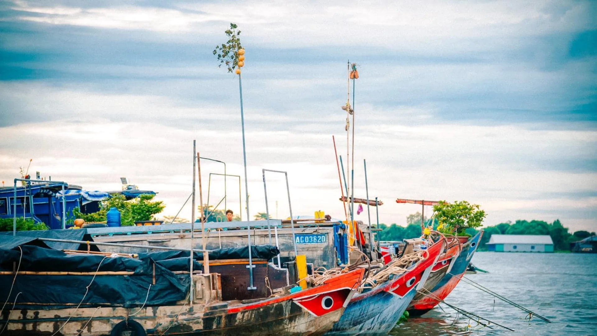 The unique cay beo system at Can Tho Cai Rang Floating Market used by vendors to advertise goods from their boats
