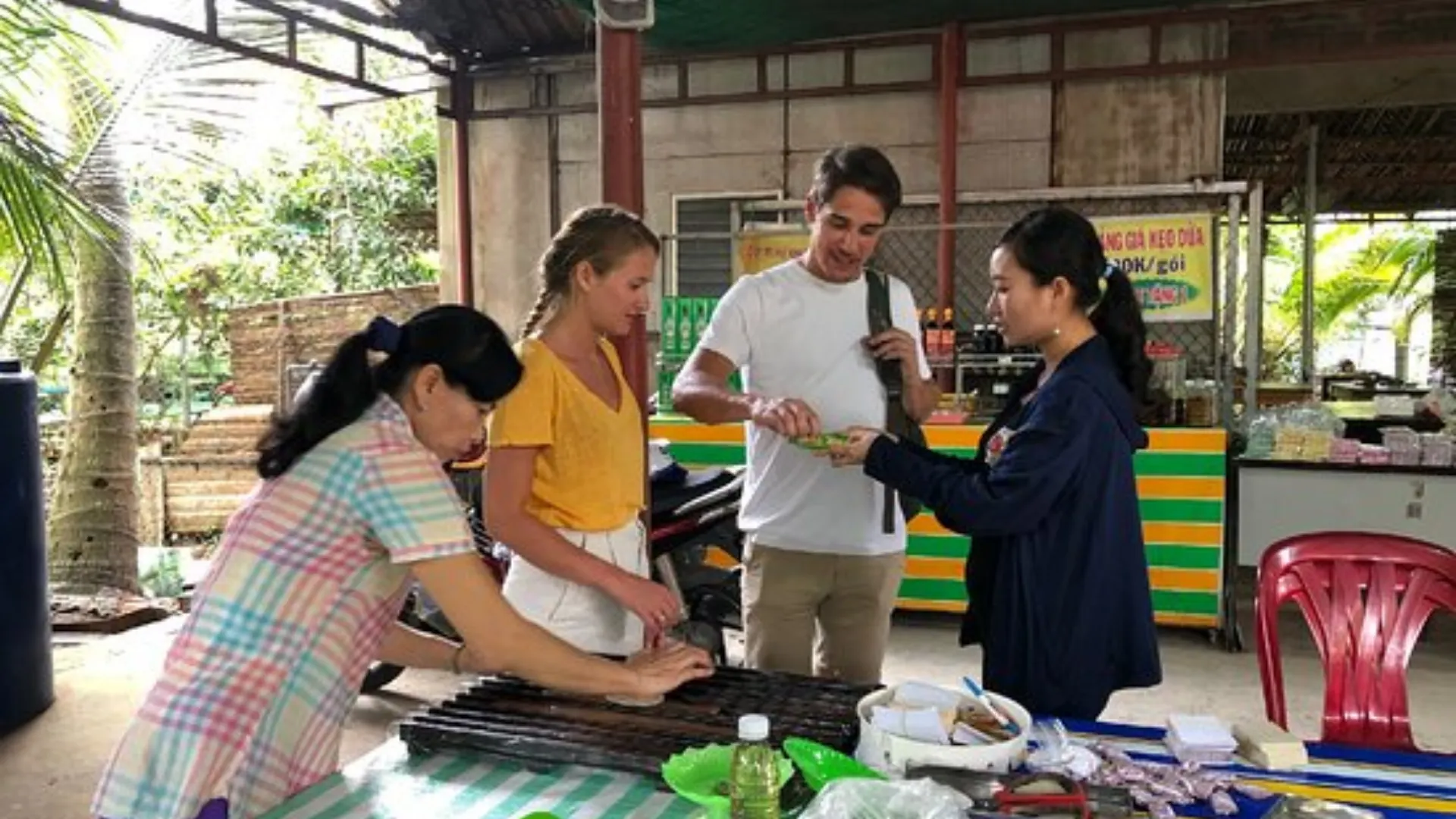 Freshly made coconut candy samples at a local workshop in Ben Tre