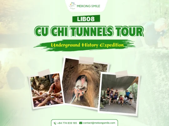 Tourist exploring historical tunnels at Cu Chi