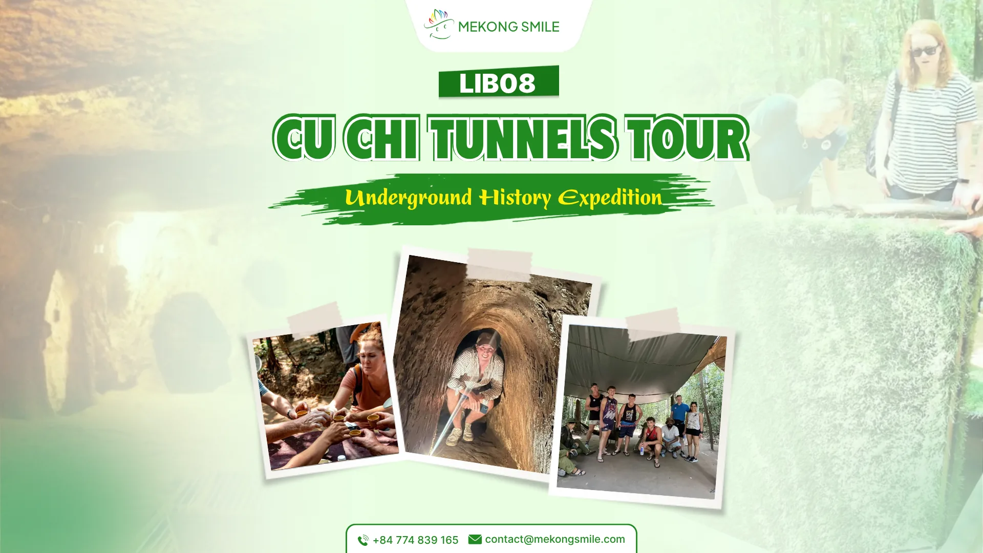 Tourist exploring historical tunnels at Cu Chi