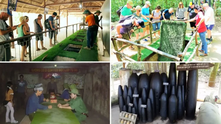 Collage of underground rooms and wartime exhibits at the Cu Chi Tunnels