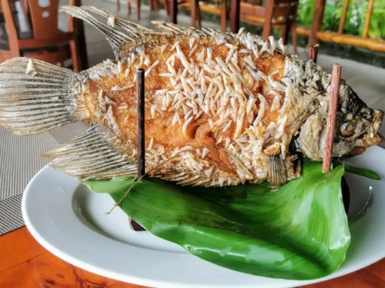 Vietnamese specialty Deep-Fried Elephant Ear Fish served at riverside restaurant