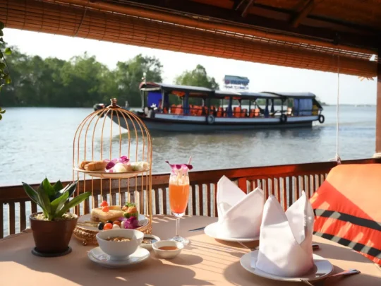 Elegant dessert and drink setup on the boat – Can Tho Sunset Tour with Mekong Smile
