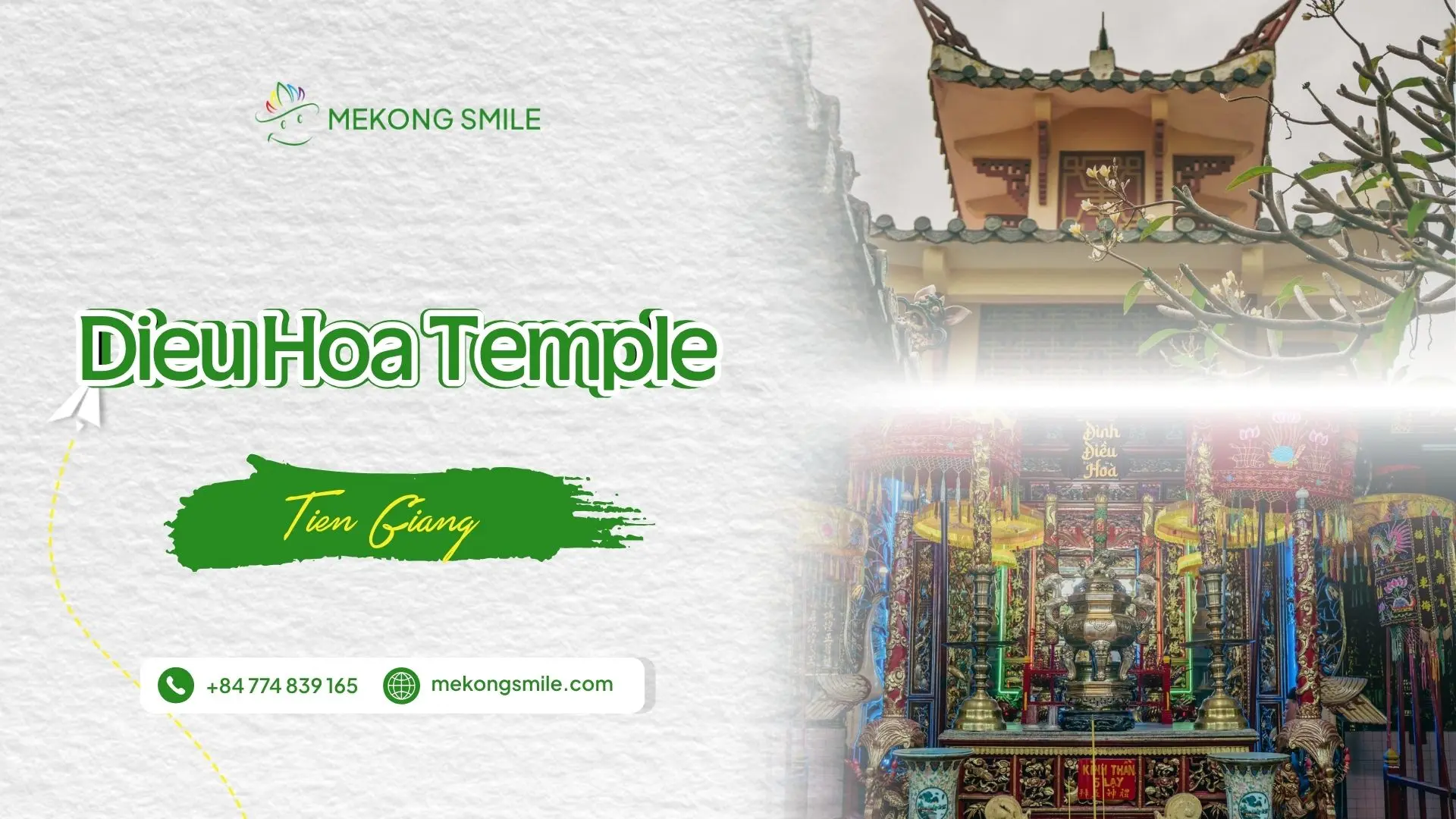 Traditional Southern Vietnamese temple architecture at Dieu Hoa Temple, featuring ornate altars and cultural motifs