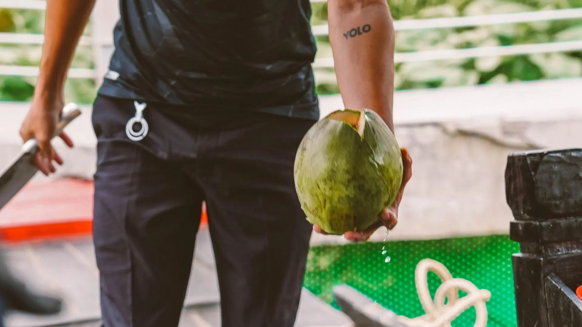 Fresh coconut being prepared for guests during the Ben Tre tour
