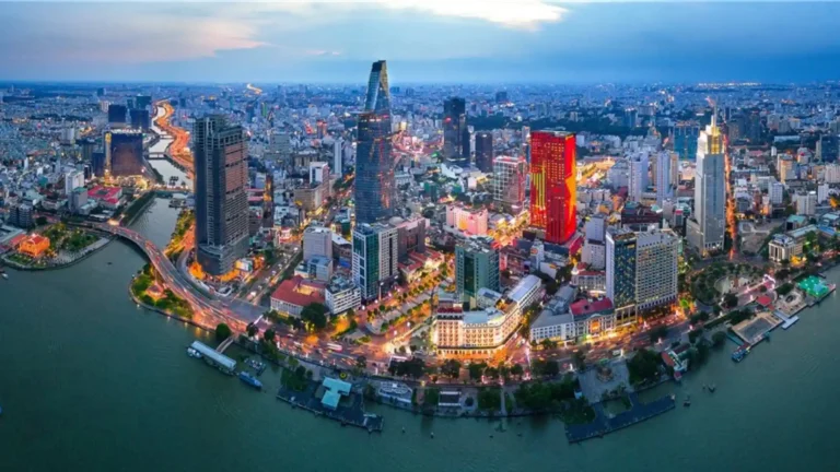 Aerial view of Ho Chi Minh City skyline beside the Saigon River