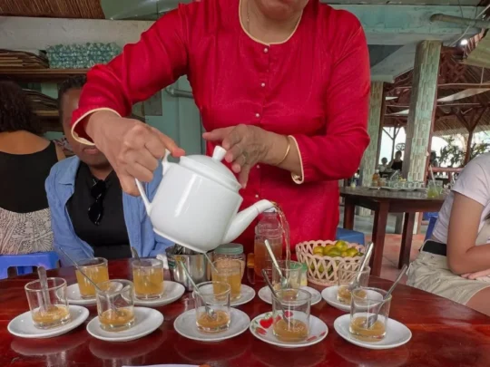 Enjoy a cup of local honey tea at a bee farm during your My Tho day tour