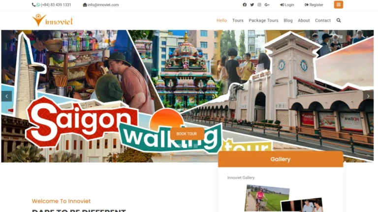 Screenshot of the Innoviet website featuring Saigon and Mekong Delta tours