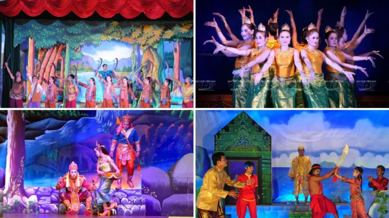 Collage of Khmer traditional theater and dance performances featuring colorful costumes and dramatic stage scenes.