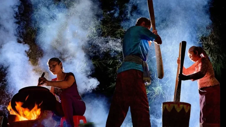 Khmer Moon Worship ceremony and flattened rice preparation during Ooc Om Boc Festival