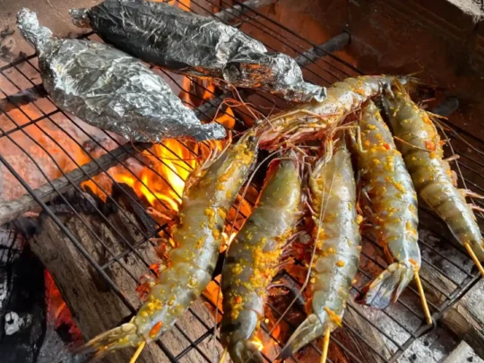 Grilled prawns prepared for dinner at Bay Canh Ranger Station