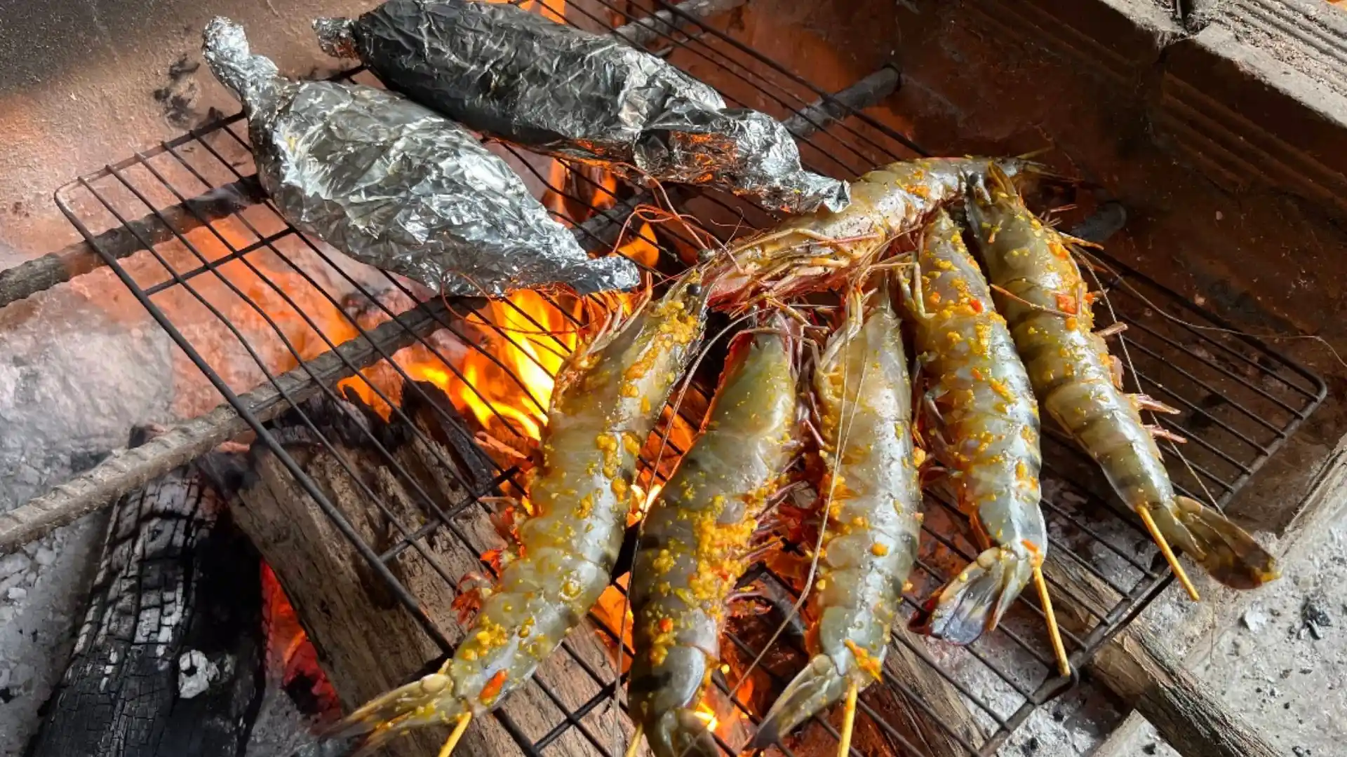 Grilled prawns prepared for dinner at Bay Canh Ranger Station