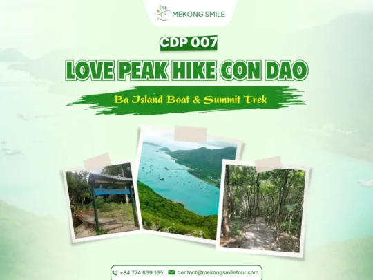 Love Peak Hike Con Dao tour banner with Ba Island boat and summit trek views