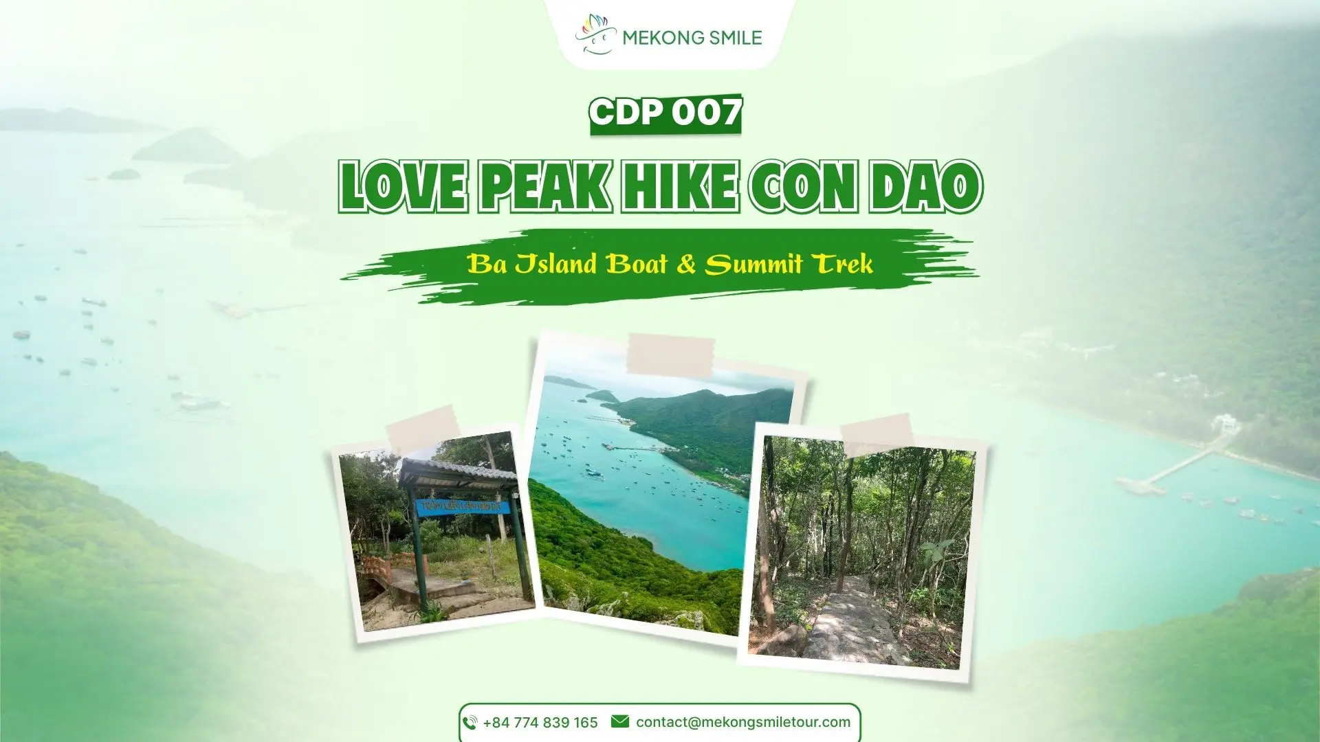 Love Peak Hike Con Dao tour banner with Ba Island boat and summit trek views