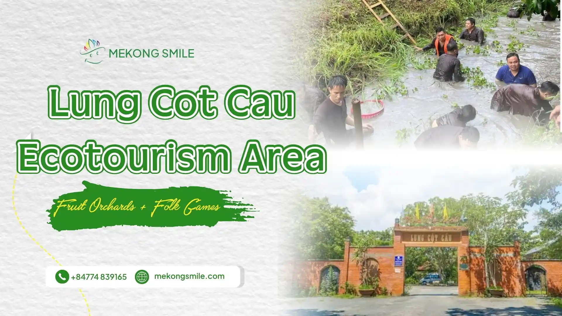 Cover image of Lung Cot Cau Ecotourism Area featuring fish-catching activities and the entrance gate