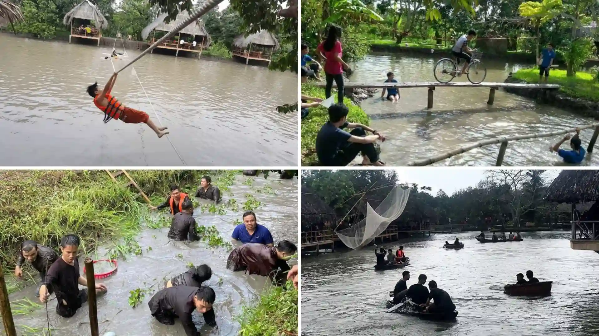 Lung Cot Cau Ecotourism Area: Fruit Orchards, Folk Games & Local Food in Can Tho 8 Visitors enjoying rope swings, bicycle balancing, fish catching, and boat activities at Lung Cot Cau