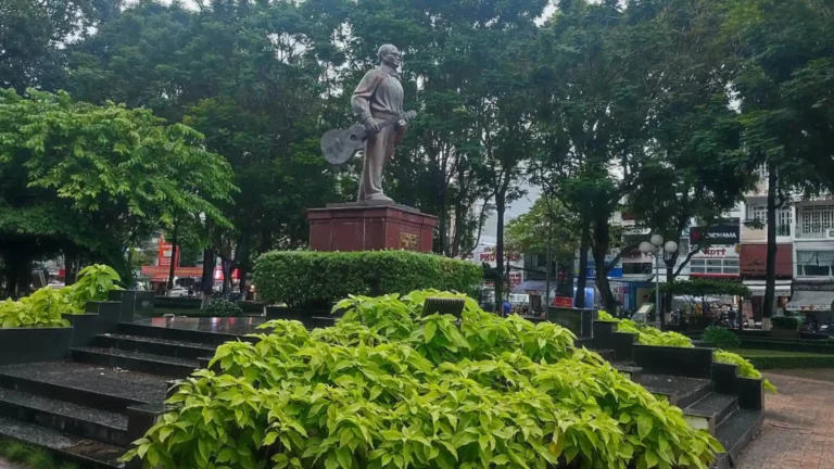 Bronze statue of Vietnamese composer Luu Huu Phuoc holding a guitar at Luu Huu Phuoc Park in Can Tho