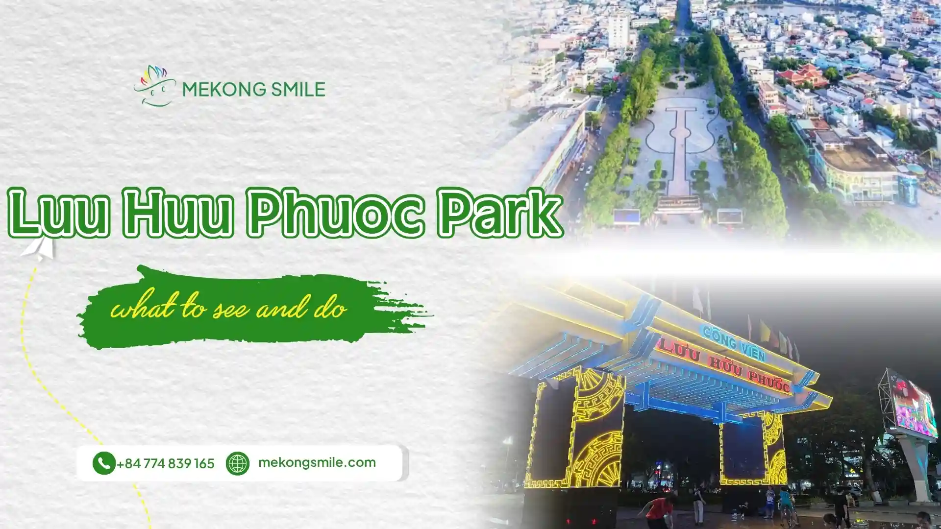 Luu Huu Phuoc Park in Can Tho featuring an aerial view and an illuminated entrance at night