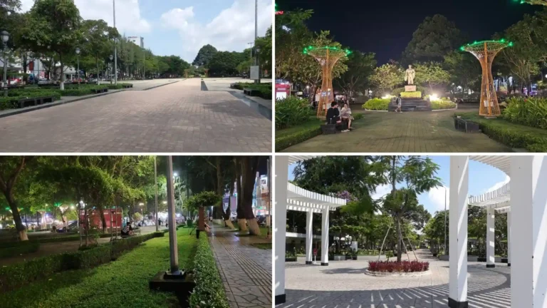 Four views of Luu Huu Phuoc Park showing the public square, illuminated monument, walking paths and landscaped grounds