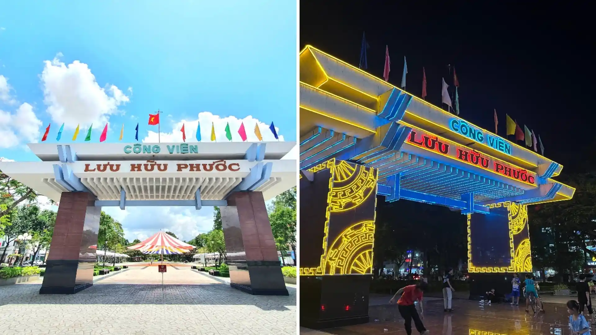 Luu Huu Phuoc Park in Can Tho: what to see and do 413 Entrances to Luu Huu Phuoc Park in Can Tho during the day and at night with decorative lighting