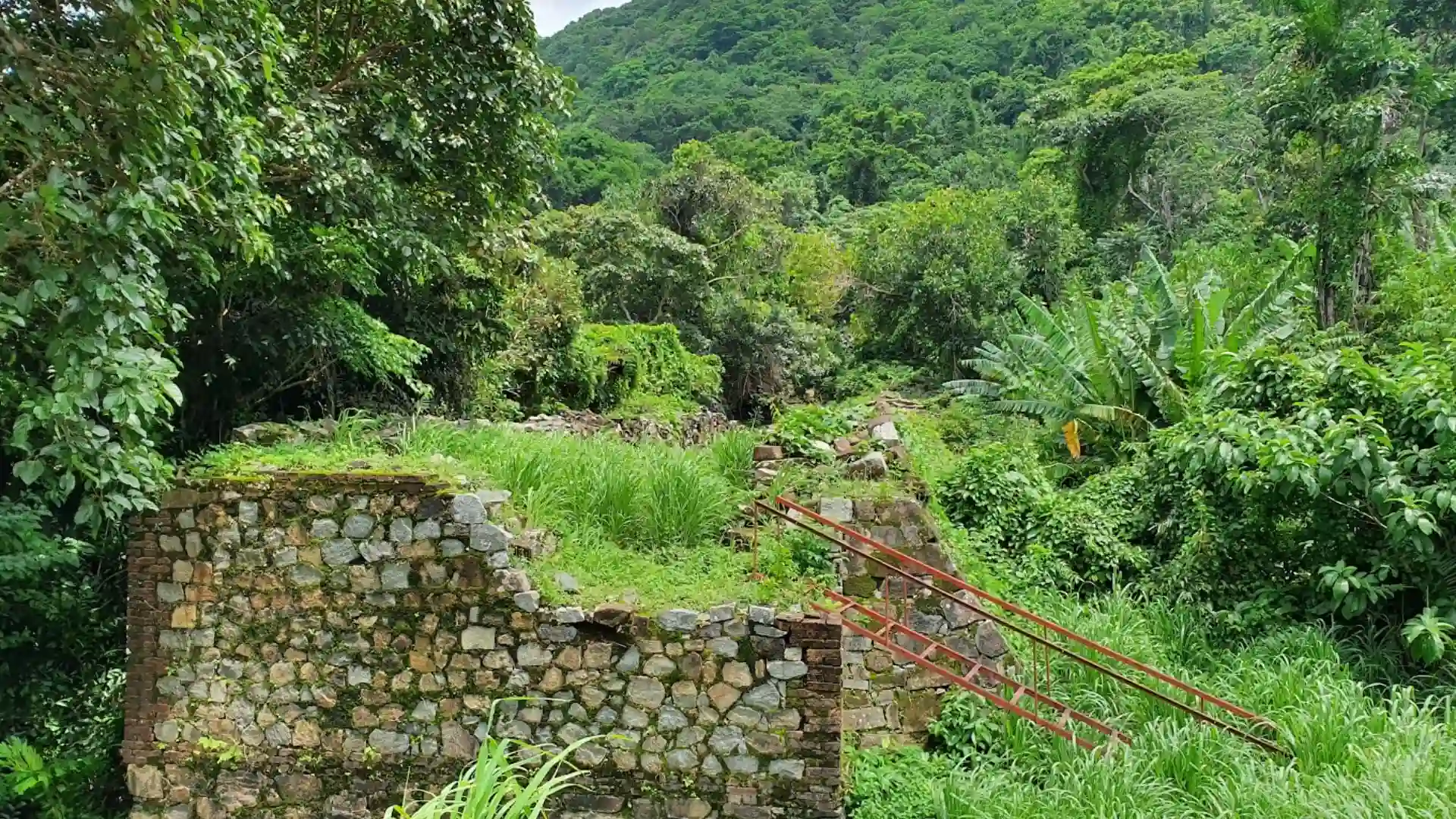 Stone abutment of Ma Thien Lanh Bridge surrounded by forest in Con Dao