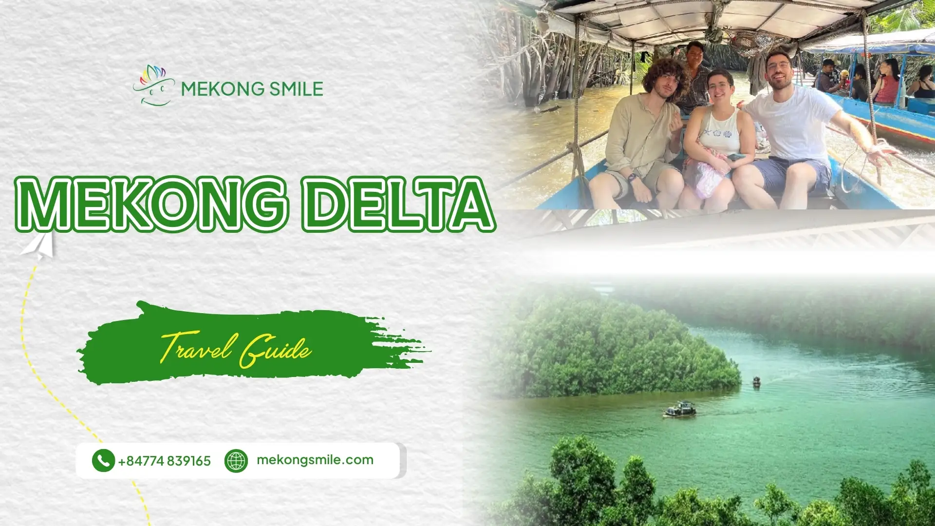 Wide river landscape in the Mekong Delta with boats and riverside countryside