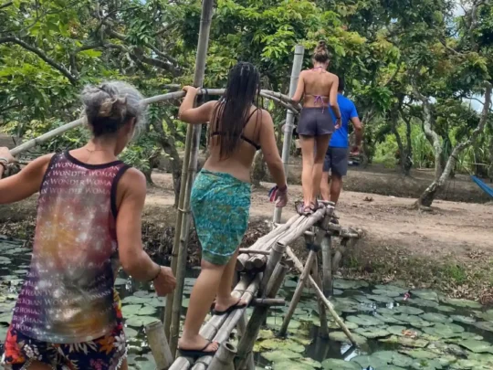 Tourist carefully crossing a narrow wooden monkey bridge over a small canal in an binh islet tour