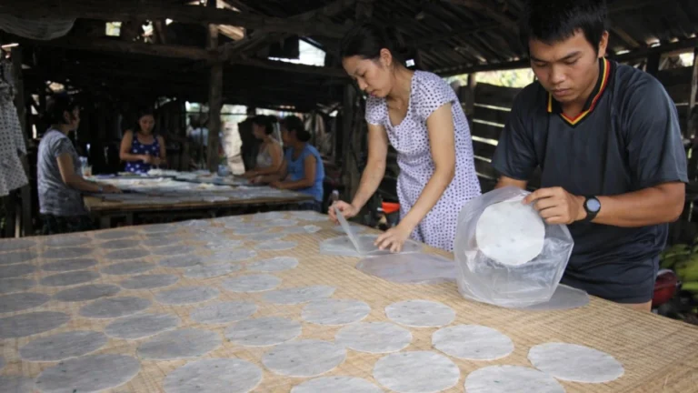 Son Doc Puff Rice Paper Village workers laying rice sheets on woven mats