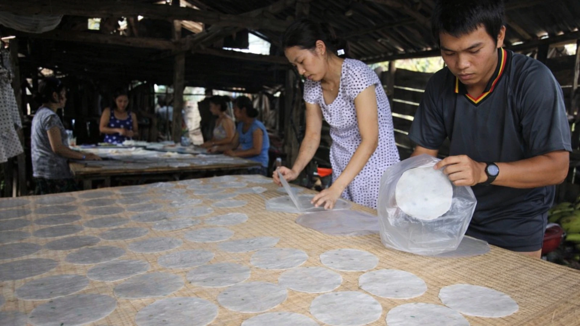 Son Doc Puff Rice Paper Village: Ben Tre’s Coconut Craft Heritage 154 Son Doc Puff Rice Paper Village workers laying rice sheets on woven mats