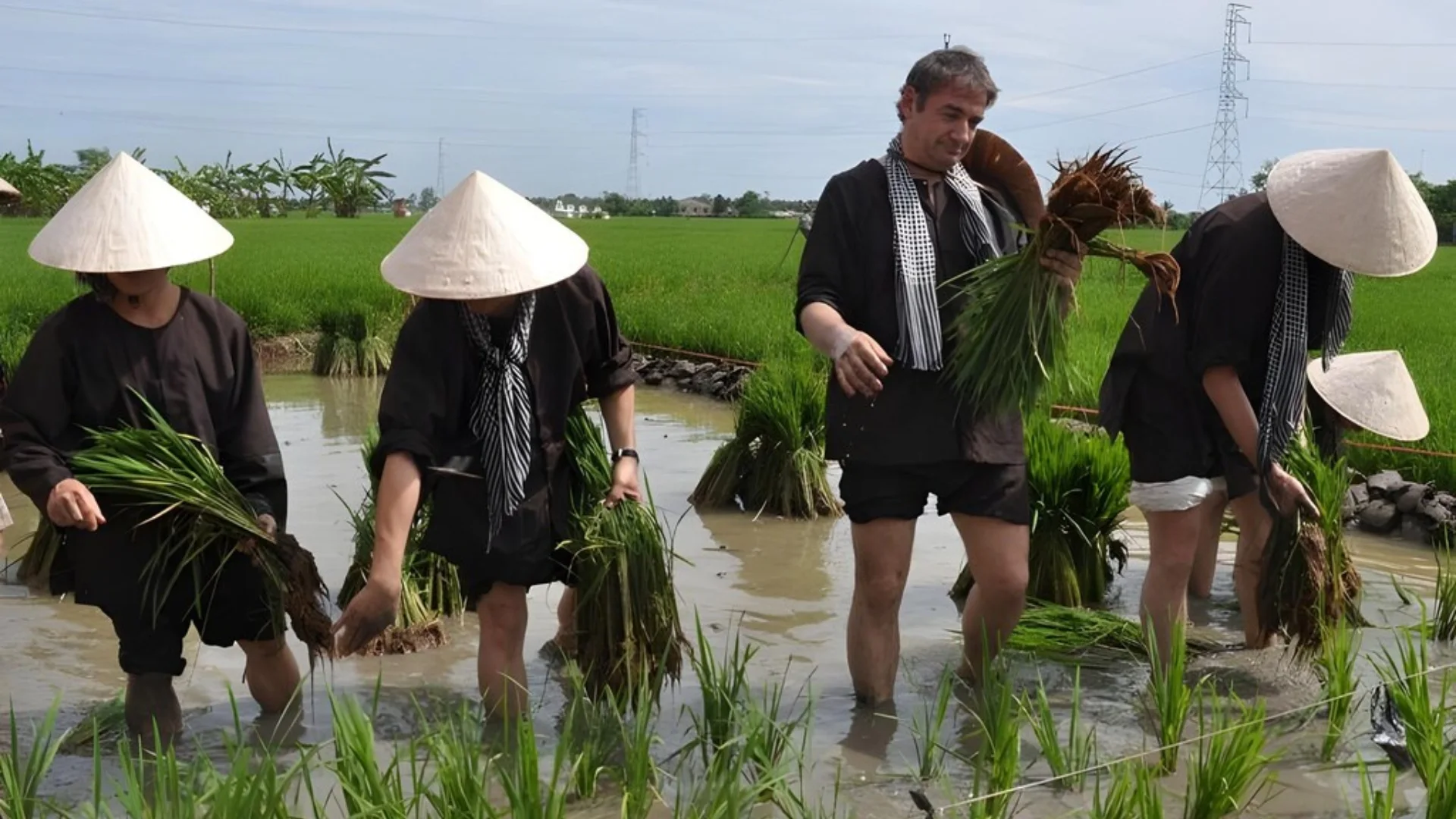 Mekong Smile Ba Duc Ancient House tourists experiencing rice planting activity in Mekong countryside