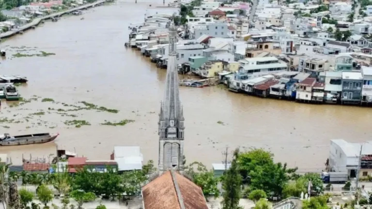 High-angle view of Cai Be town and the river from above