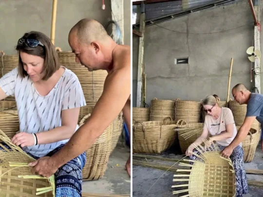 Tourists learning bamboo weaving in Cai Be