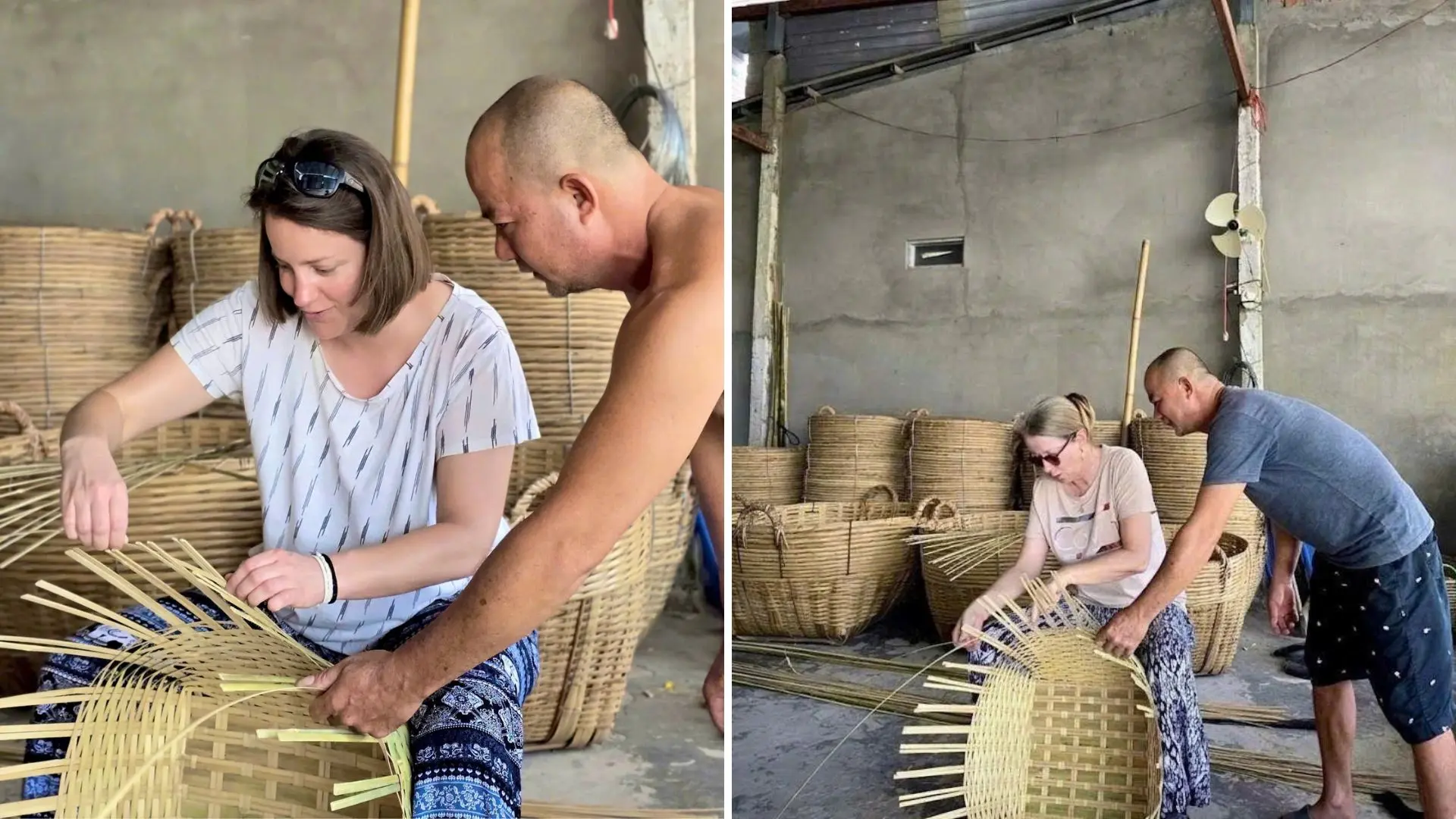 Tourists learning bamboo weaving in Cai Be