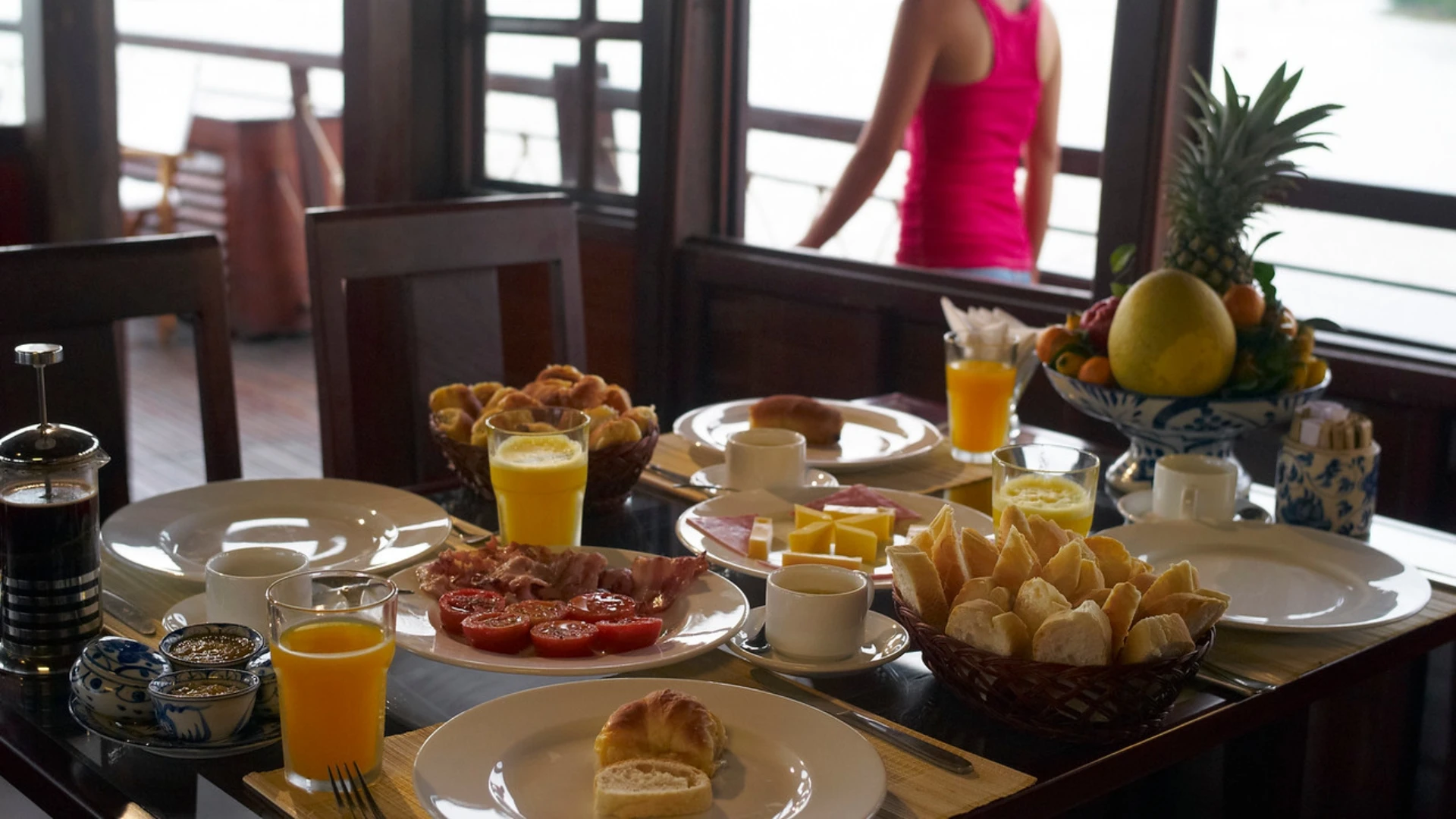 Mekong Smile Bassac Cruise Cai Be Can Tho breakfast served onboard with Mekong river view