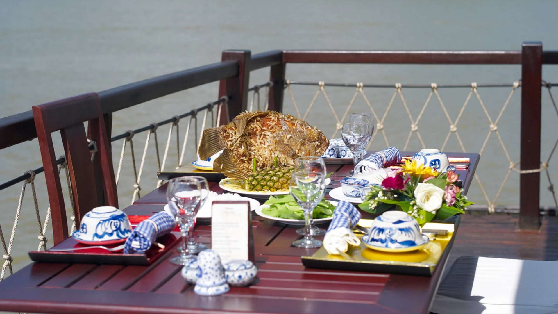 Authentic Mekong cuisine enjoyed on the peaceful cruise deck