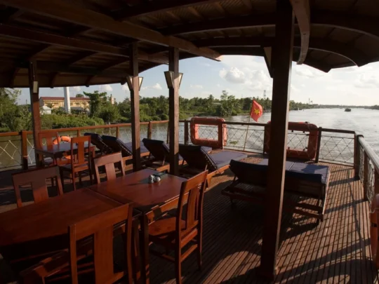 Mekong Smile Bassac Cruise Can Tho dining deck with Mekong River view