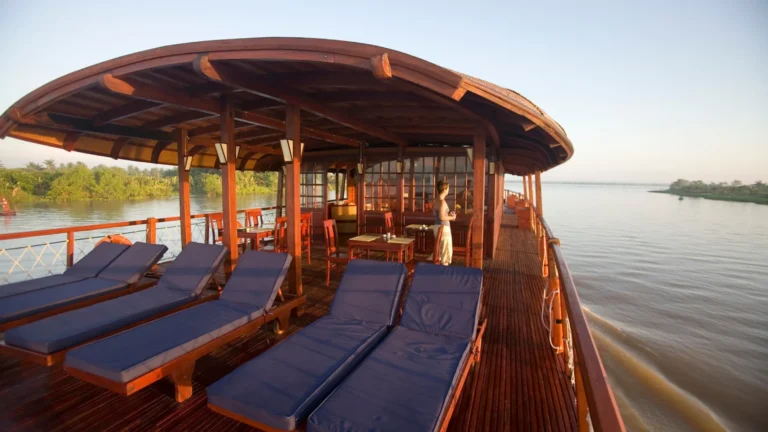 Mekong Smile Bassac Cruise Can Tho sun deck relaxation area with river panorama