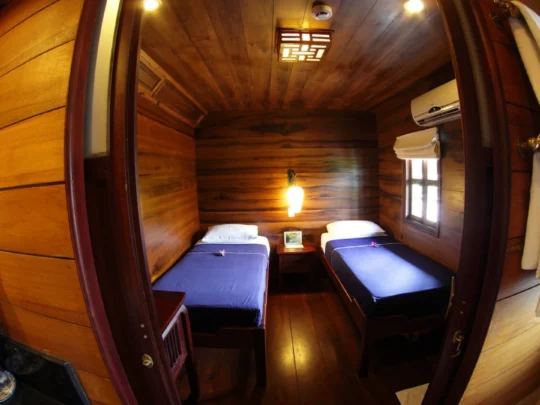 Mekong Smile Bassac Cruise Can Tho twin cabin room with wooden interior