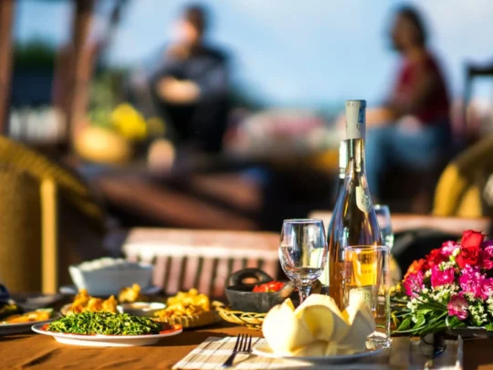 Gourmet dinner on Bassac Cruise during sunset along the Mekong River