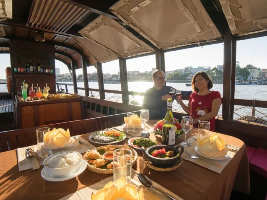 Private dining experience on Bassac Cruise at sunset in Can Tho
