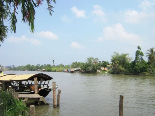 A calm river scene with lush trees and a wooden pier in Cai Be