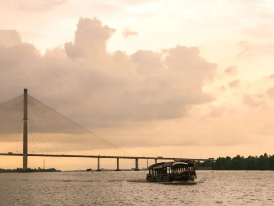 Sunset on the Hau River viewed from Bassac Cruise in Can Tho, Mekong Delta