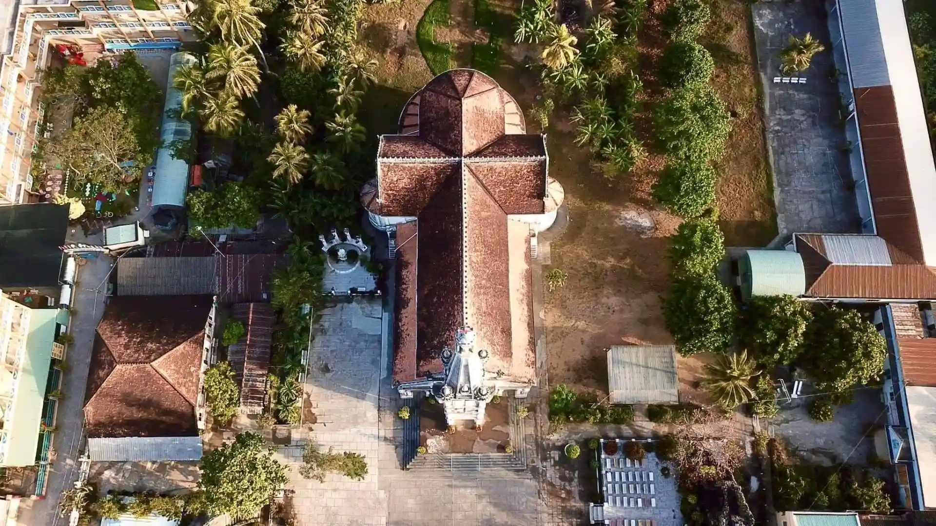 Top view of Cai Be Church cross-shaped structure in Cai Be, Tien Giang, Vietnam