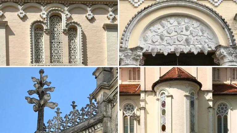 Architectural details of Cai Be Church in Cai Be, Tien Giang, Vietnam showing facade patterns and textures