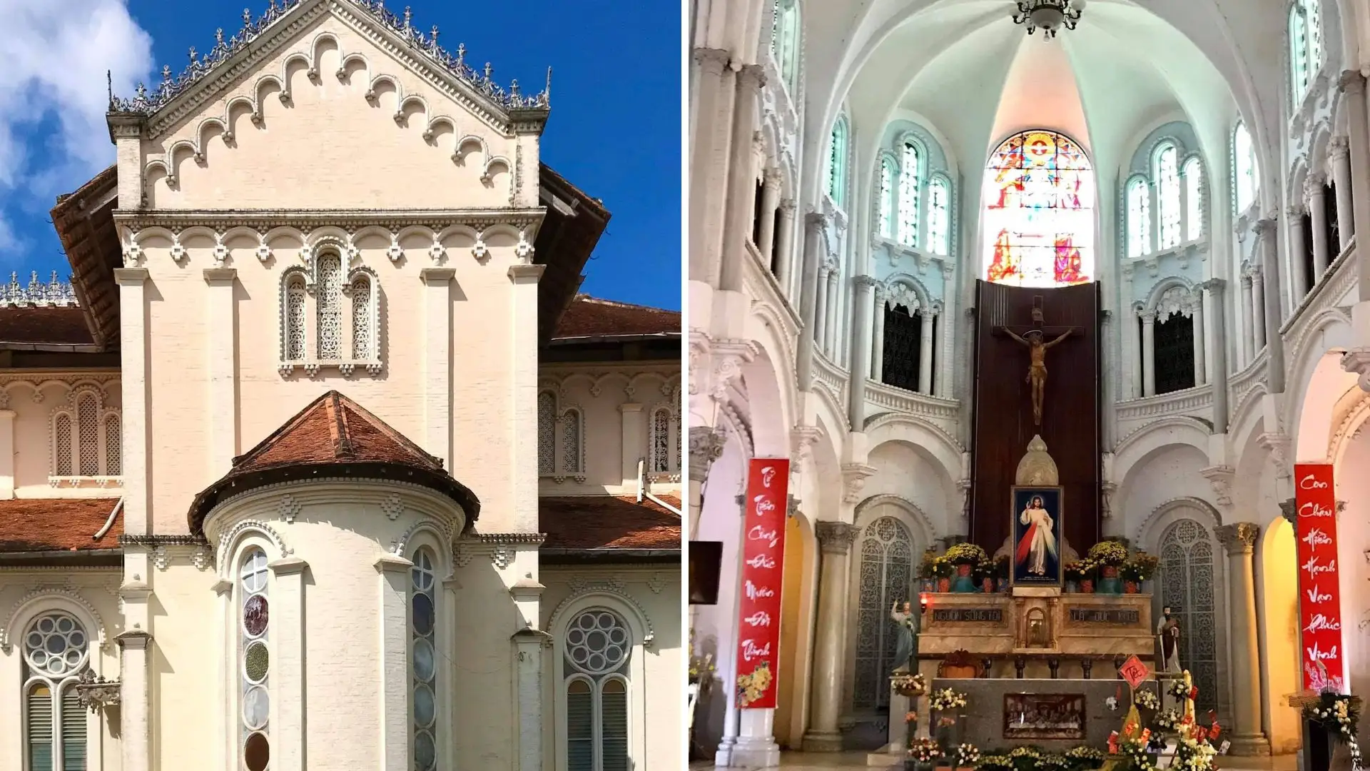 Combination of exterior and interior views of Cai Be Church in Cai Be, Tien Giang, Vietnam