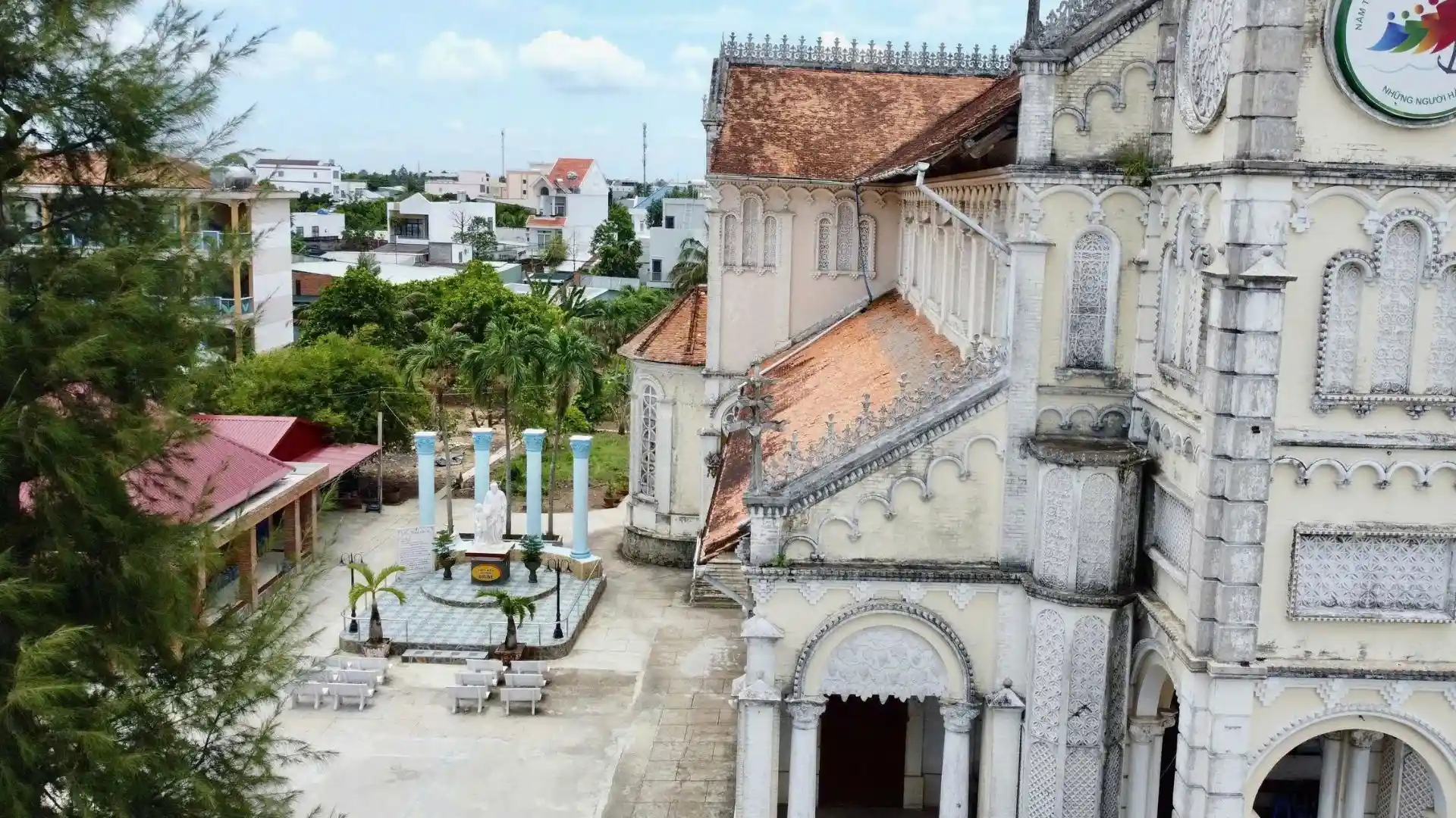 Side view of Cai Be Church architecture in Cai Be, Tien Giang, Vietnam highlighting classic design